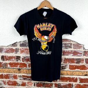 Vintage Harley Davidson Shirt XS Black Single Stitch Harley Rules Eagle Thin 70s